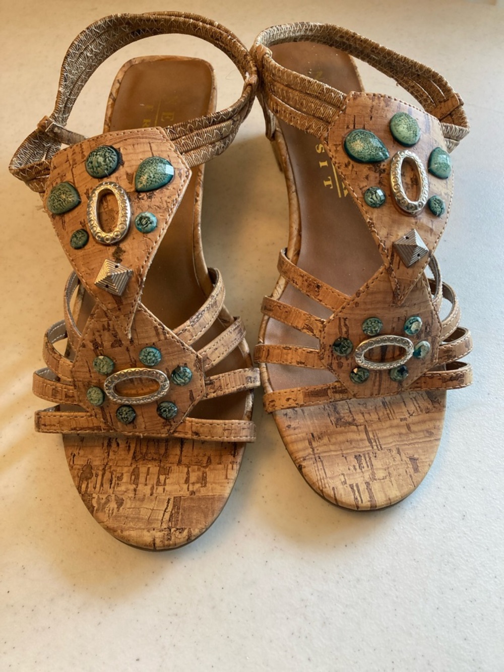 New York Transit Cork-Style Sandals with Faux Turquoise Stones
